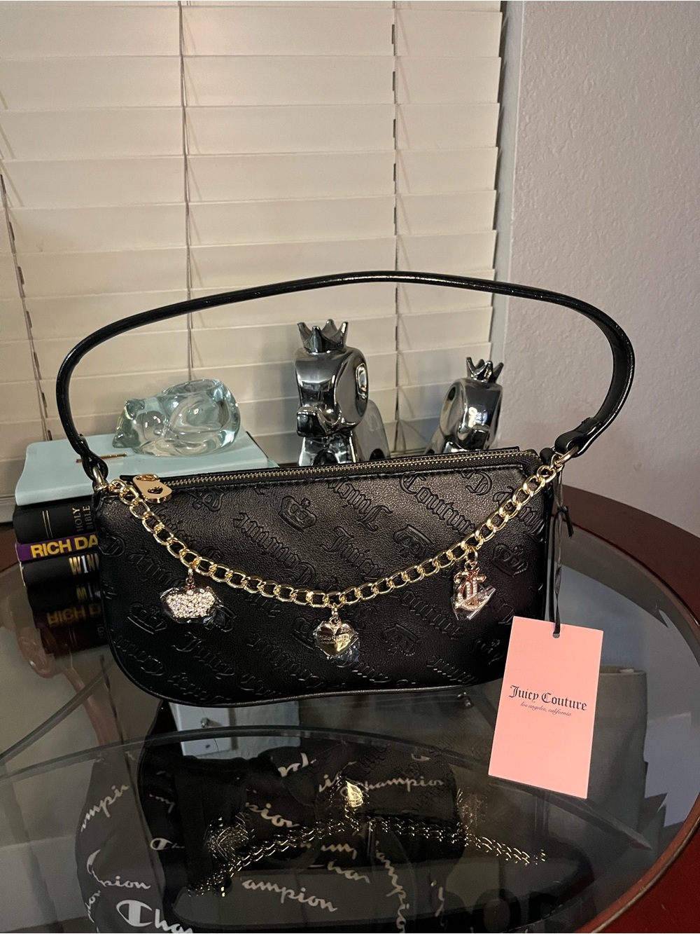 Juicy Couture Black Logo-Embossed Shoulder Bag with Gold Charm Chain